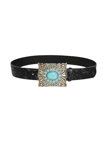 GORGLITTER Women's Western Belts Turquoise Cowgirl Counrty Concho Buckle Belts Vintage Bohemian Black suit waist size:29.5-33.5"