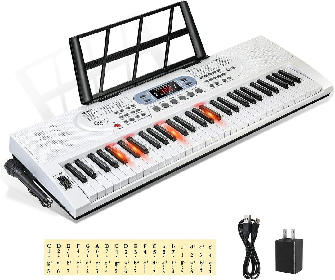 Keyboard Piano Lighted Keys for Beginner Adults Teens Kids, 61 Key Electronic Music Keyboard with Teaching Modes Powered by USB or Battery with LCD Display Microphone Headphone Jack