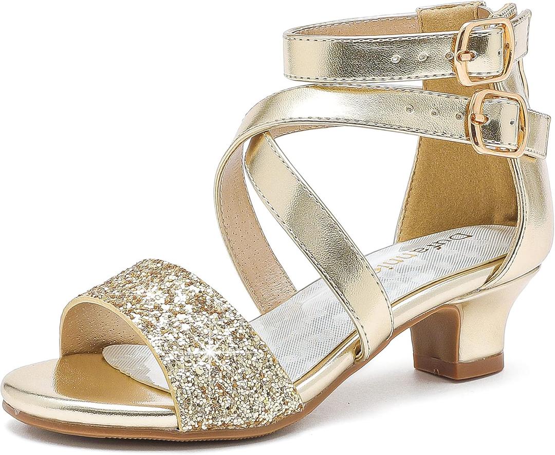 Dufannie Toddler Little Big Kid High Heels Flower Girls Party Dress Shoes Glitter Pump Sandals (12 Little Kid, Cross Patent Gold)