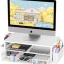OPNICE Desk Organizers and Accessories, 2-Tier Computer Monitor Stand Riser with Drawer and 2 Pen Holders, Laptop Stand, Office Desk Accessories for Office Supplies, White Wood