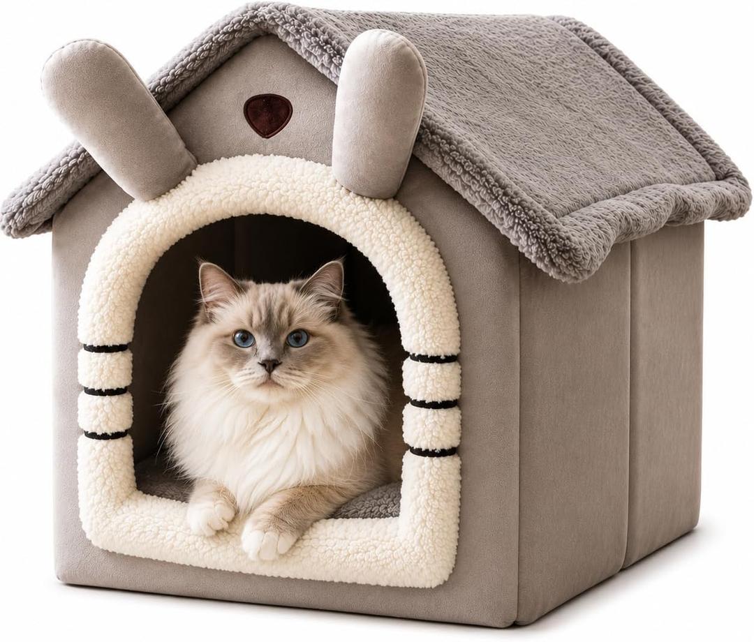 Dog & Cat House Bed, House-Shaped Plush Indoor Pet Bed, Grey