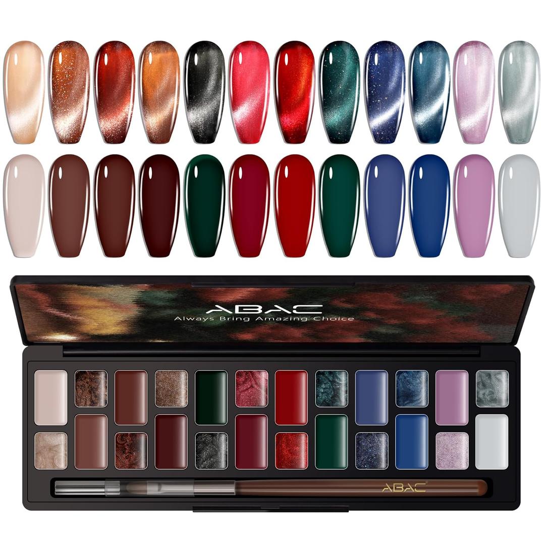 ABAC 24 Color Creme Cat Eye Gel Kit - Hema-Free Magnetic Winter Shades Chestnut Red, Emerald Shimmer w/Pro Magnet & Brush Christmas Party Nails,LED/Lamp Curing,Long-Lasting Gift Set (Unlock&Unleash)