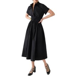 Ladyful Women Casual Button Down Short Sleeve Shirt Dress Tie Waist Midi Shirt Dress Elegant Business Party, M