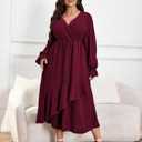 Womens Plus Size Wedding Guest Cocktail Maxi Dress Faux Wrap V Neck Long Sleeve Ruffle Hem Split Long Dress (XL)