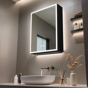 Lighted Medicine Cabinet with Mirror, 20 x 28 inch LED Bathroom Mirror Cabinet with Anti-Fog, Dimmable 3 Colors Front & Bottom Light, Buit-in Sockets & USBs (Left Hinge)