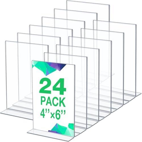 Amyhill 24 Pack Acrylic Sign Holder Plastic Standing Frame Clear Table Menu Double Sided T Shape Poster Acrylic Frame for Wedding Party Office Restaurant Hotel(4 x 6 Inch)