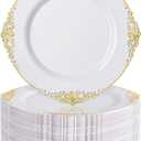 Nervure 100Pcs White and Gold Plastic Plates - 7.5inch Gold Disposable Plates - Heavyweight Plastic Dessert Plate for Wedding & Party & Thanksgiving