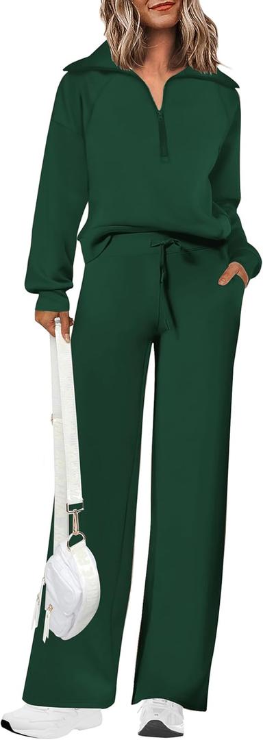 PRETTYGARDEN Women's 2 Piece Outfits Casual Lapel Half Zip Sweatshirts And Wide Leg Pants Tracksuit Sets (XX-Large, Dark Green)