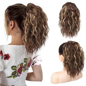 SEIKEA Ponytail Extension, 14" Short Wavy Drawstring Ponytail Lightweight Multi Layered Fake Pony Tails Hair Extensions Clip in Hair Extensions Ponytail Chocolate Brown with Blonde Highlights
