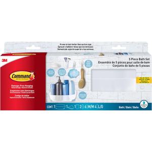 Command Bathroom Accessories, 5 Piece Bathroom Organizer Set - 1 Shower Caddy, 1 Soap Dish, 1 Toothbrush Holder, 2 Hooks with Water Resistant Strips
