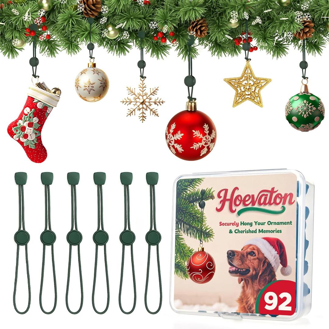 92 PCS Adjustable Christmas Ornament Hooks, Hoevaton Non-Slip Hanger Hooks for Hanging Small & Large Heavy Ornaments, Xmas Ornament Hanging Hooks for Holiday Tree Decorations (Green, 92 Count)