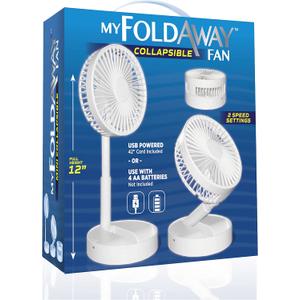 Bell+Howell MY FOLDAWAY FAN Rechargeable Fan Collapsible Fan Ultra Lightweight Portable Compact Extendable to 12" High with 2 Speed Modes As Seen On TV