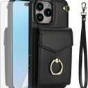 Asuwish Compatible with iPhone 16 Pro 6.3 inch Wallet Case Tempered Glass Screen Protector and RFID Blocking Ring Credit Card Holder Leather Cell Phone Cover for i Phone16 i16 16Pro Women Men Black