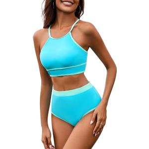 Zando High Neck Swimsuits for Women 2025 Color Block Modest 2 Piece Bikini Set High Waisted Tummy Control Bathing Suit (Large, Blue & Green Splicing)