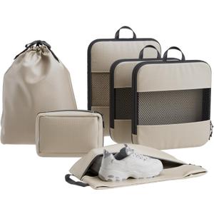 6 Set Compression Packing Cubes, Travel Packing Organizers with Breathable Mesh, Space-Saving Lightweight Portable Storage Bags Set for Travel Accessories Luggage Suitcase Backpack, Color: Beige