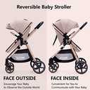 2-in-1 Baby Stroller with Bassinet Mode - Folding Infant Newborn Pram Stroller with Reversible Seat - Toddler Strollers for 0-36 Months Old Babies (Beige)