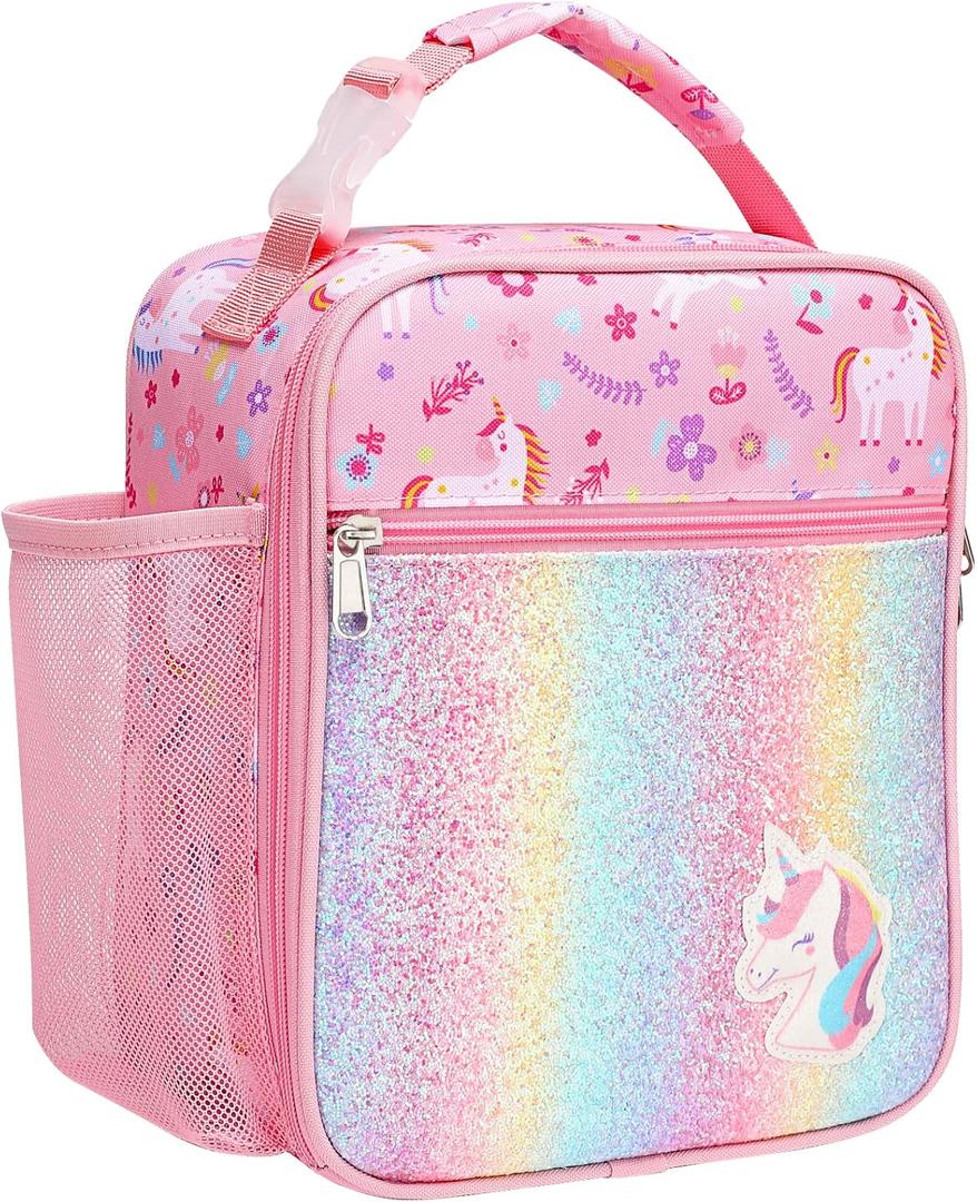 Bagseri Kids Lunch Box for Girls - Insulated Toddler Lunch Bag Fits Bento Box, Reusable Daycare Cooler Tote with Clip Handle, Water-Resistant Lining, Glitter Pink Unicorn (Standard Clip-On Series)