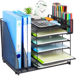 File Organizer for Desk, 6 Tier Desk Organizer Paper Tray with File Holder Pen Holder, Mesh Office Desk Accessories & Workspace Organizers (Black)