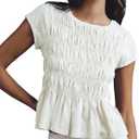 Shiyifa Womens Peplum Babydoll Tops Smocked Ruched Crew Neck Cap Sleeve Tee(White-M)
