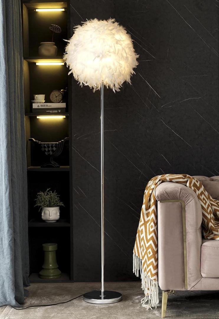 Floor Lamp, Elegant White Feather Standing Lamps with On/Off Switch in Line