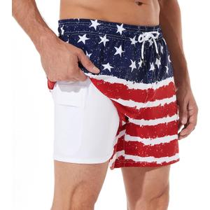 BRISIRA Mens Swim Trunks Bathing Suit 5 Inch Inseam Compression Liner Beach Swim Shorts Swimwear Quick Dry Zipper Pocket (28, Americanflag)