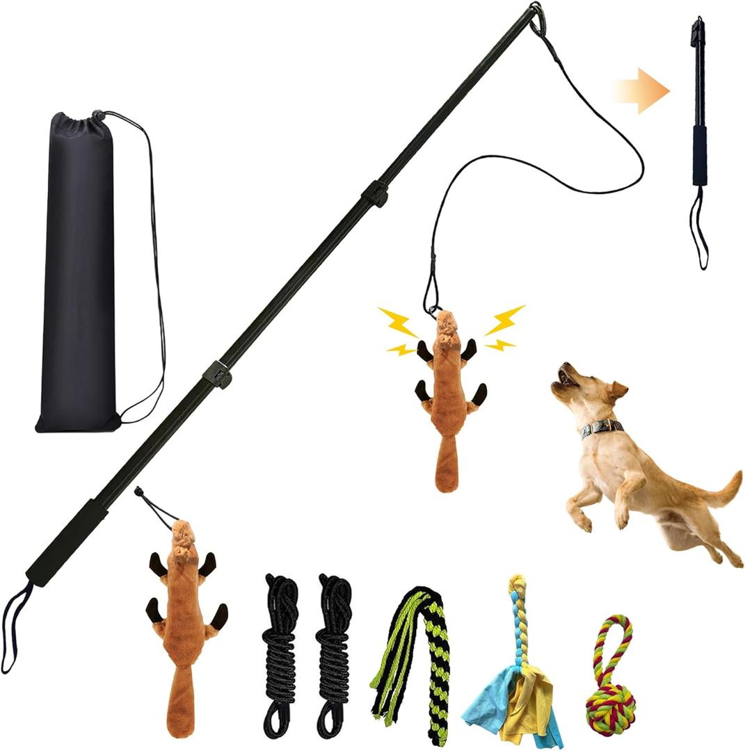 Flirt Pole for Dogs, Interactive Toys Tug-of-war for Dogs, Four-Section Retractable Adjustable Length, Chase Toys with Rope Chewing Sticks, for Outdoor Exercise & Training