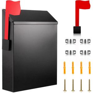 Tandefio Wall Mount Mailbox for Outside, Large Capacity Rust-Proof Mail Box with Stay-Open Lid & Red Flag Reflective Sticker Keys Kit, Post Box for House Outside, 11.4"x8.7"x2.6", Black