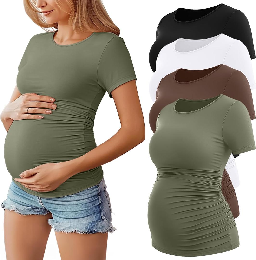 Huukeay 4 Pack Women's Maternity Shirts, Crew Neck Maternity Top Short Sleeve Casual Cotton Tee Side Ruched Pregnancy Clothes (Large, Black, White, Coffee, Army Green)