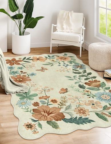 Lahome Floral Machine Washable Rug, 3x5 Rug Non Slip Soft Bedroom Rugs for Entryway Dorm, Ultra-Thin Boho Rugs for Living Room Stain Resistan Throw Carpet for Nursery Entrance Flore, Beige
