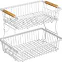 2 Tier Fruit Basket for Kitchen Counter with 2 Banana Hangers, Countertop Metal Bread Basket with Wooden Handle, Large Storage Stand for Vegetables, Snacks, Eggs, Produce Storage  White