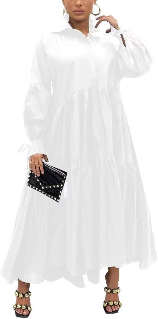 Women's Long Sleeve Maxi Shirt Dress Elegant Button Down Loose Swing Party Dress (3X-Large, 87white)