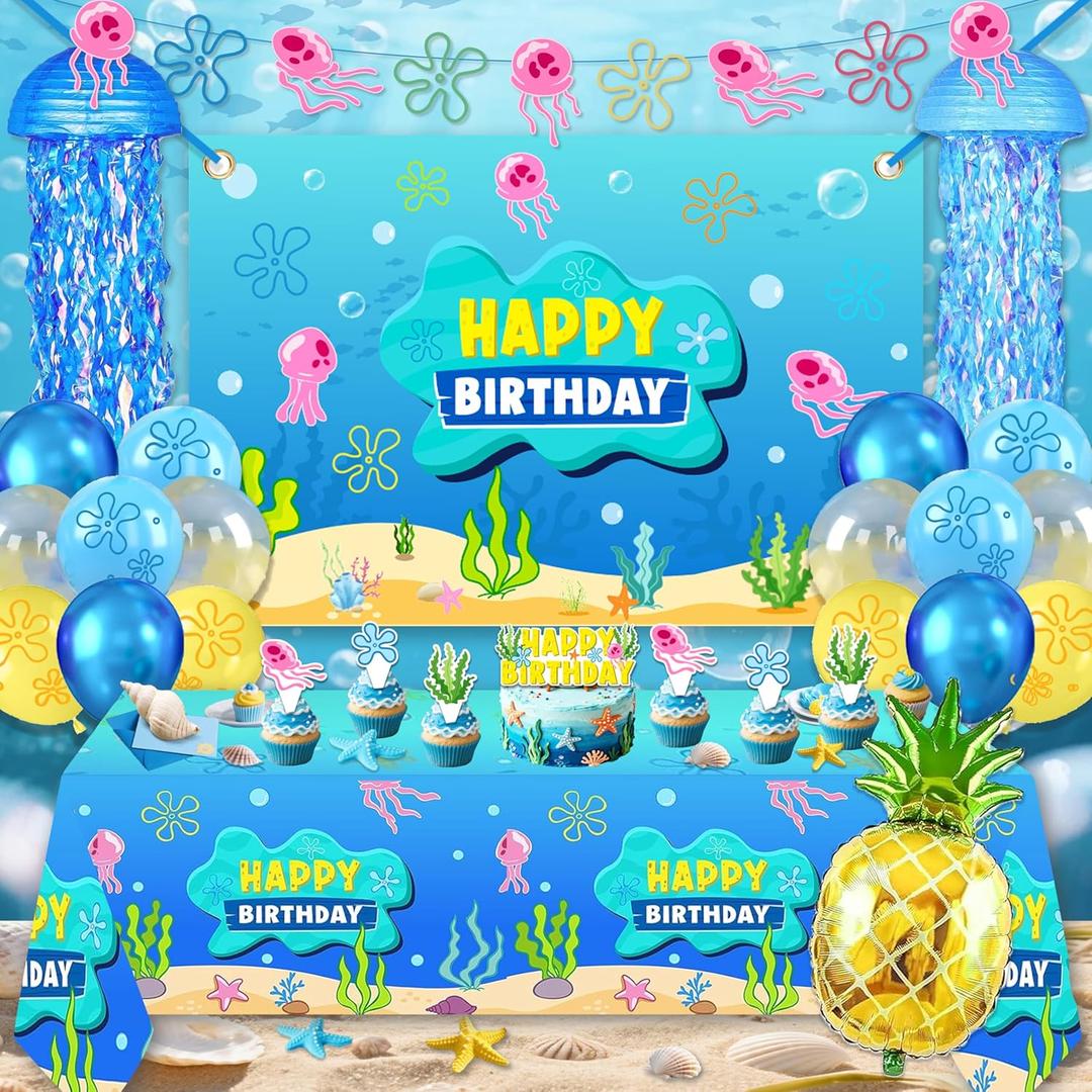 Underwater Theme Birthday Party Decorations Set - 146 Pcs Cartoon Ocean Party Supplies with Large Backdrop, Tablecloth, Jellyfish Paper Lanterns, Foil Pineapple Balloon for Kids Boys Girls