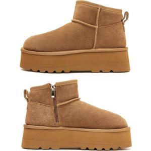 Haifago Platform Mini Snow Boots for Women, Suede Genuine Leather Winter Ankle Booties with Zip up, Womens Classic Fur Lined Short Boot Anti-Slip (8, Chestnut)