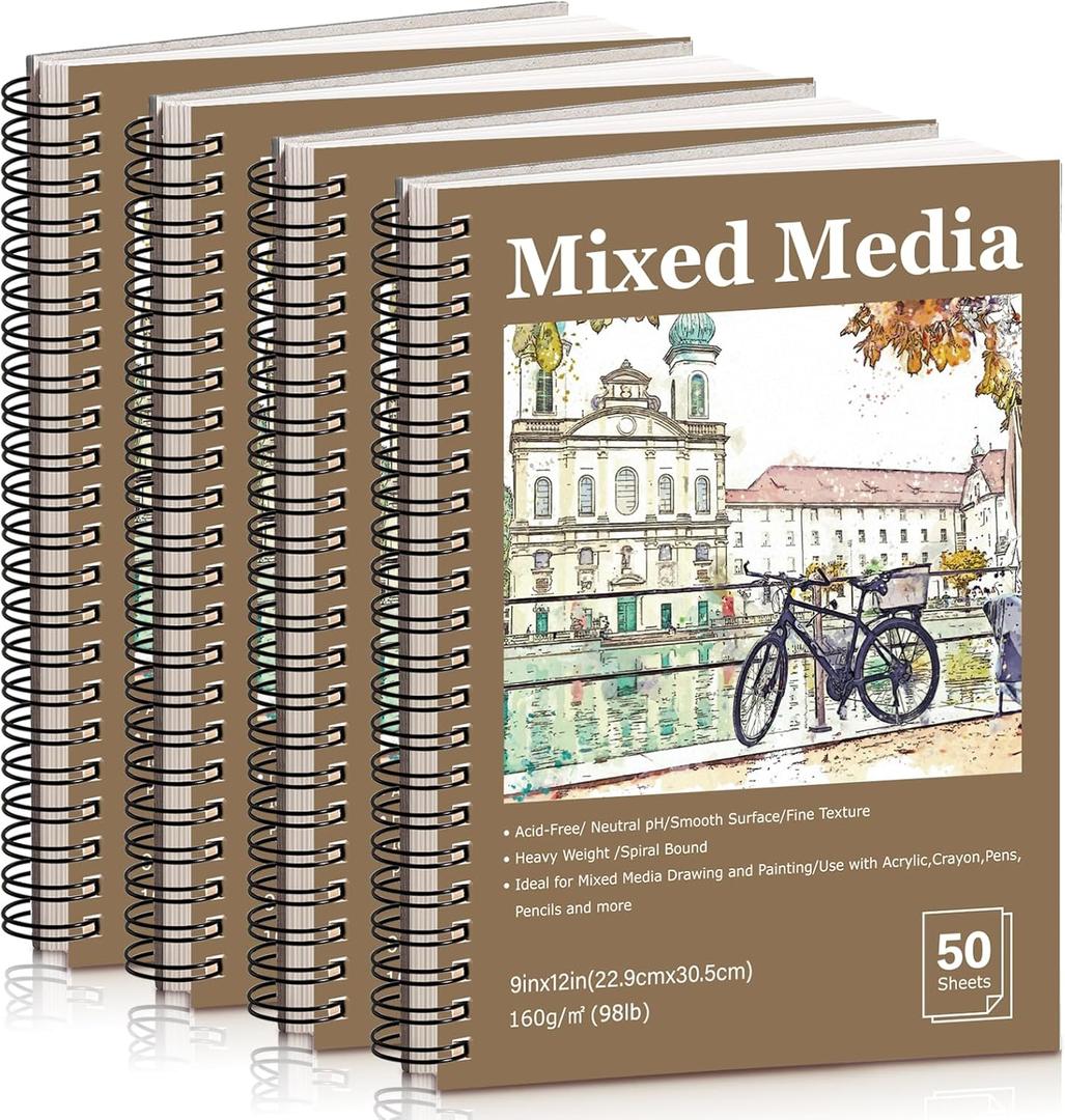 4 Pack Mixed Media Sketchbook, 9x12 inches Drawing Paper Sketch Book, 98lb/160gsm Heavyweight Spiral Bound Sketch Pads, Suitable for Arist, Drawing, Painting, Sketching(200 Sheets) (landscape)