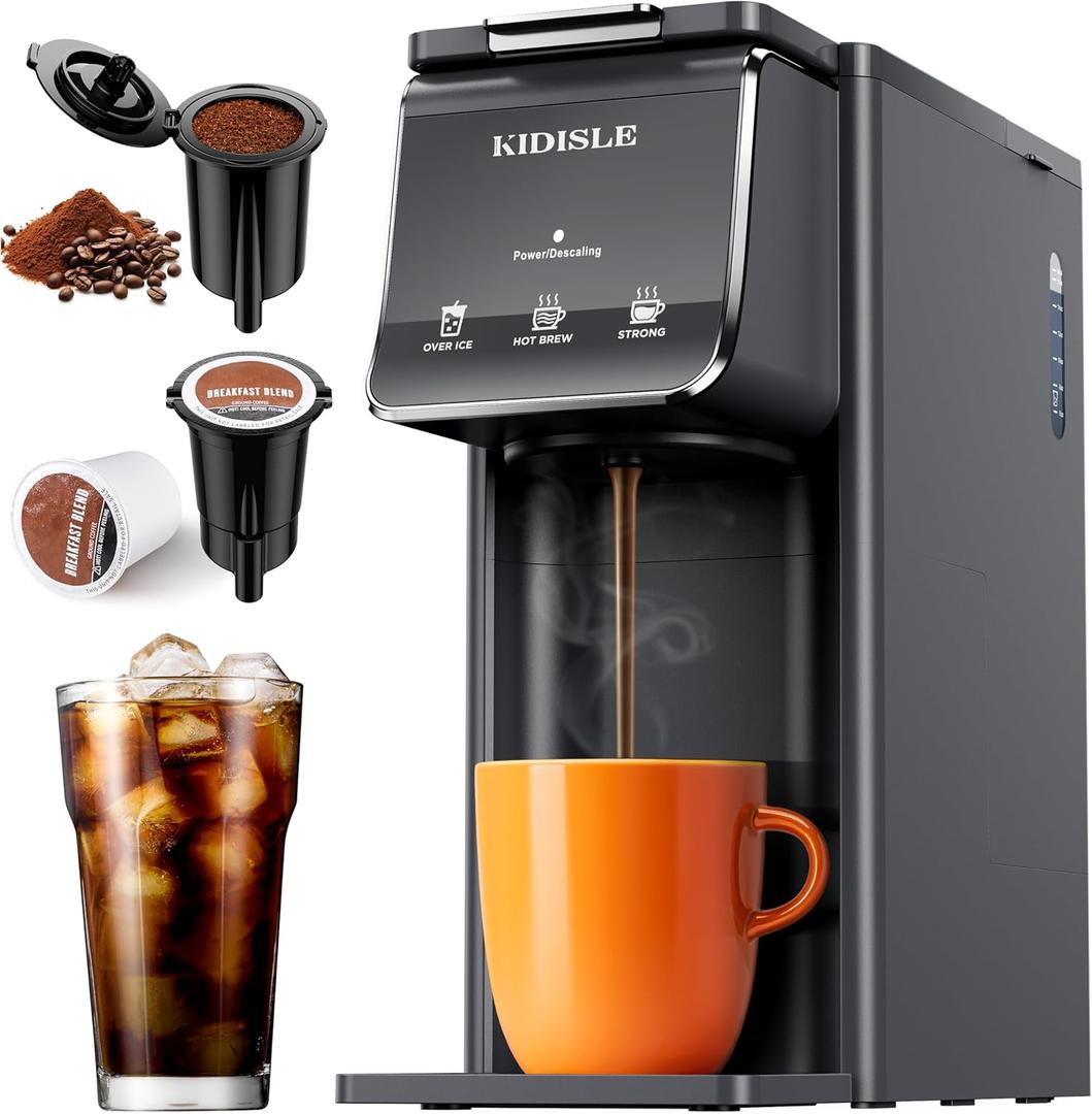 Hot & Iced Coffee Maker, K Cup Coffee Maker Compatible with Ground Coffee, Single-Serve Brewer with Bold Setting, Reusable Filter, Travel Mug Friendly, Compact & Quick Brew, Grey