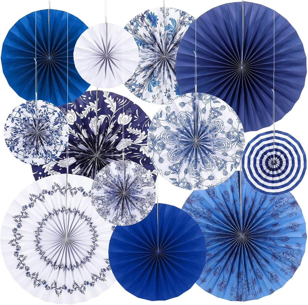 Feifeiya 12 Pcs Chinoiserie Hanging Paper Fans 8'' 12'' 16'' Blue and White Floral Paper Fans Set Round Porcelain Print Hanging Decorations for Birthday Wedding Events Party