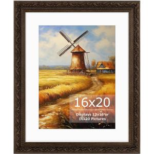 16x20 Picture Frame With White Mat, Ornate Vintage Finish, Dark Brown | Wall Frame 16 x 20 or Matted to 12x16 Photo, Photo Frame With Plexiglass for Wall Display