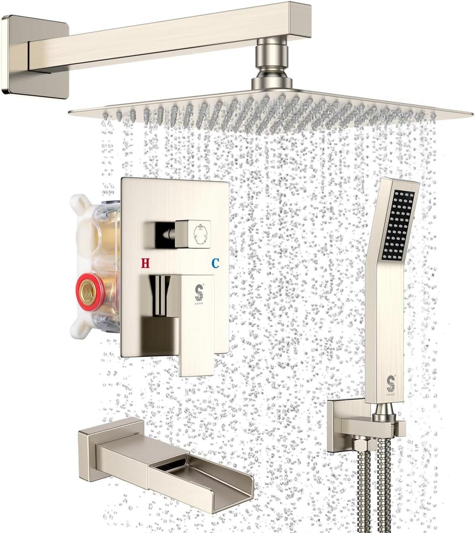 SR SUN RISE 12 Inches All Metal Bathtub Faucet Set Shower System with Tub Spout Square Rain Shower Head and Handheld Combo Shower Fixtures, Modern Valve and Trim Kit, Brushed Nickel