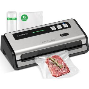 FRESKO Food Vacuum Sealer with Automatic Bag Detection, 0.2-inch Widened Heating Strip, Built-in Bag Roll Storage & Cutter, 2 Rolls Bags, Starter Kit (Large, Silver)
