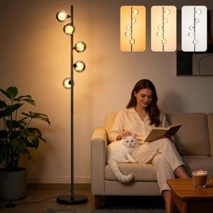 Mid Century Modern Floor Lamp, 5-Light Glass Globe Tall Standing Tree Lamp, Smoked Double-Glass Shades, 3 Color Temp G9 Bulbs Included, 1800LM Bright Corner Light for Living Room, Bedroom