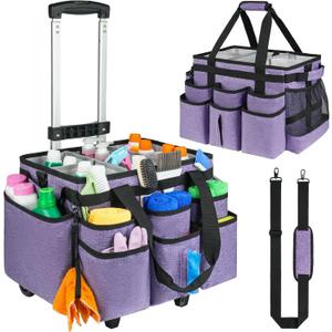 Large Rolling Cleaning Caddy Bag with Detachable Trolley,Cleaning Cart on Wheels with Shoulder Strap,Cleaning Supplies Organizer for Housekeepers,Purple
