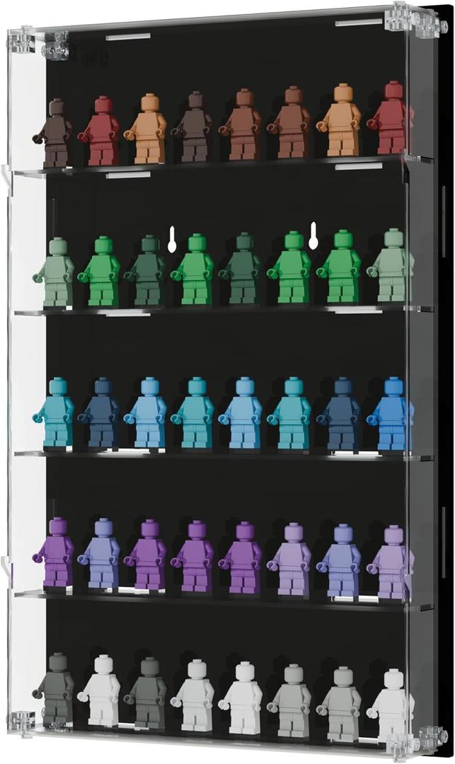 Acrylic Minifigure Display Case - Wall Mount Mini Figure Storage Shelves with Black Background - Holds 40 Tall Minifigs - Clear Shelf Box for Large Minifigures - Stands & Extra Accessories