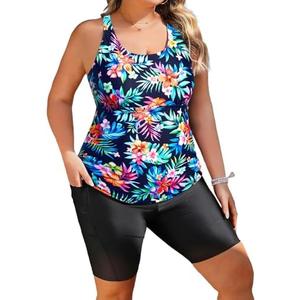 Plus Size Tankini with Shorts - Women Two Piece Bathing Suit Top Tummy Control Swimwear Bottom with Pockets, Size 16W