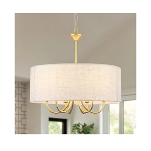 6-Lights Gold Drum Chandelier for Dining Room, 18" Modern Farmhouse Chandelier with White Linen Shade, Height Adjustable Hanging Light Fixture for Kitchen Island Bedroom Living Room Entryway