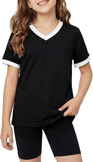 Poroka Girls Short Sleeve Shirt V-Neck Tee with Ribbed Trim Plain T-Shirts Soft Fashion Summer Tops for Girls, 11-12Y