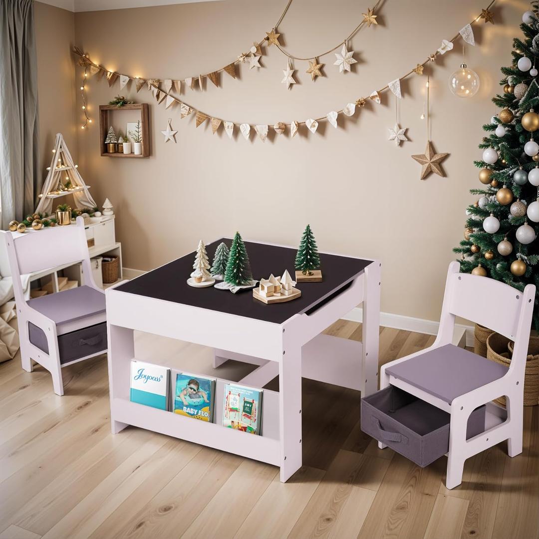 Joyooss Kids Table and Chair Set,4 in 1 Wooden Kids Table and Chairs Ages 3-7,Toddler Table with Storage Kid Desk and Chair Set for Toddlers 2 in 1 Tabletop