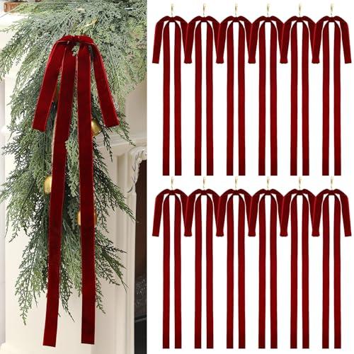 Janinka 12 Pcs Burgundy Long Velvet Bow Ornaments Christmas Swag 23.5x15.5 Inch Vintage Large Velvet Christmas Staircase Wreath Bows Tree Topper Bows Large Bow for Outdoor : Home & Kitchen