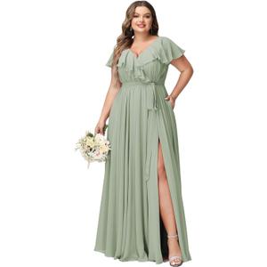 Raseal Women's Plus Size V Neck Long Bridesmaid Dresses with Belt Ruffled Chiffon Bridesmaid Dress with Split for Wedding Sage Green, Size 20W