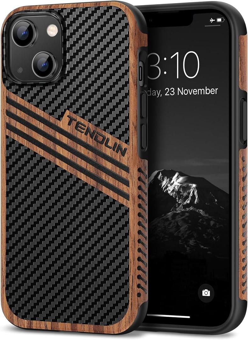 TENDLIN Compatible with iPhone 14 Case Wood Grain with Carbon Fiber Texture Design Leather Hybrid Slim Case (Three Stripe)