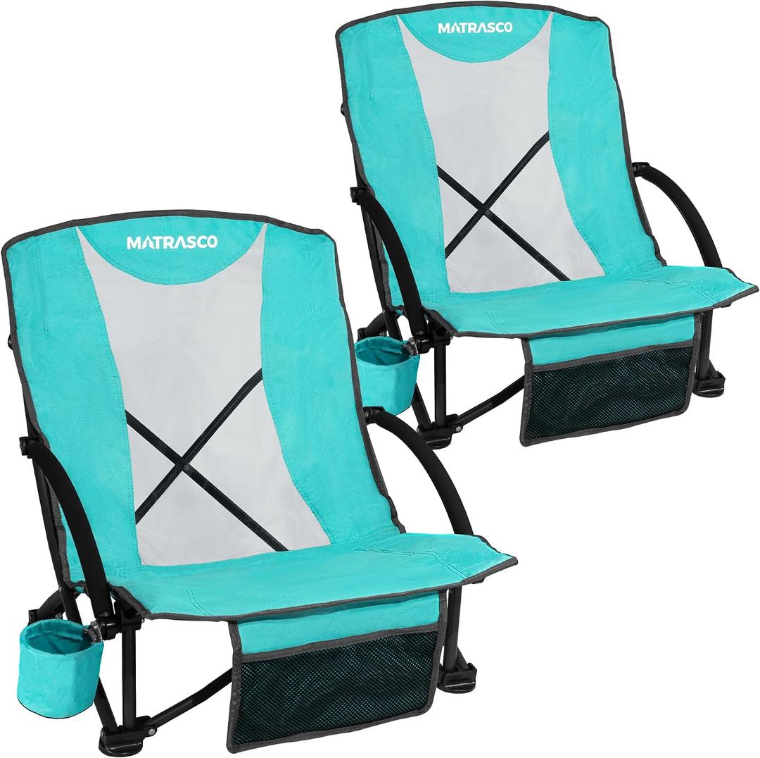 Portable Low Beach Chairs Set of 2 with Mesh Back, Cyan | Foldable Lightweight, 21.5” Widened Seat, Built-in Cup Holder & Storage Pocket, Strong Stability Structure, Breathable Design